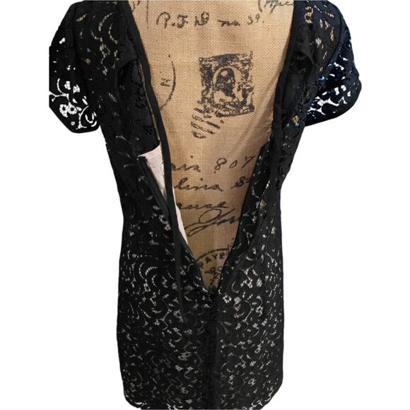 Loft Lace Tunic Mini Dress Black/ Beige Lined Cap Sleeve Drawstring Tie Back 4 - Picture 3 of 6